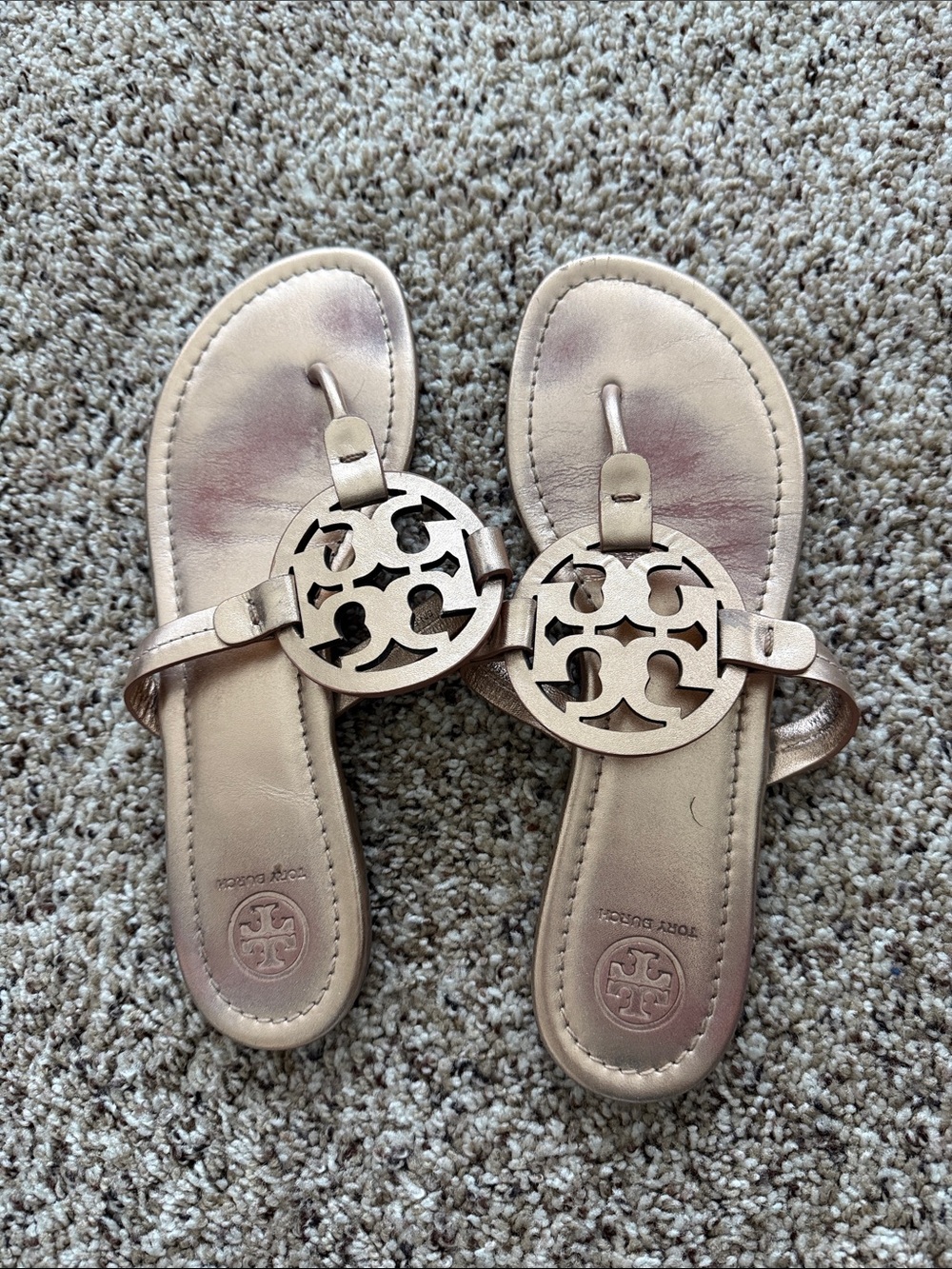 Tory Burch Metallic Rose Gold Logo Miller Sandals